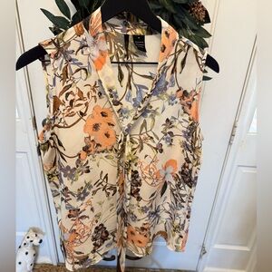 Beautiful  Floral Print Sleeveless Blouse Top with Necktie M